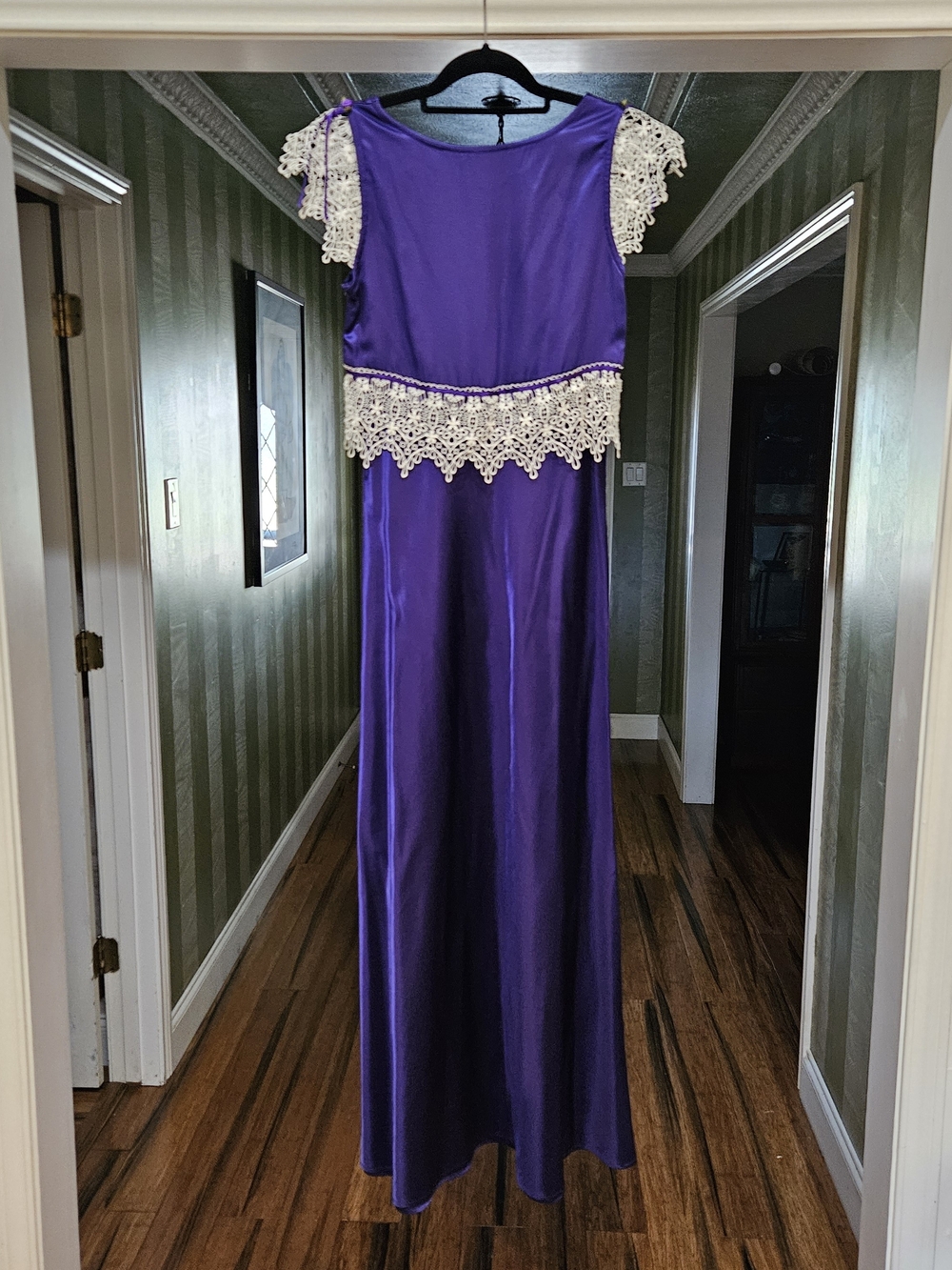 Vintage ALL THAT JAZZ Purple Satin Maxi Dress with Lace Trim SIZE 4 - Picture 3 of 4